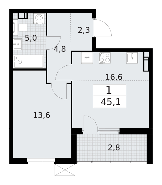 1-комнатная квартира (Студия) с отделкой в ЖК Тайм Сквер на 13 этаже в 1 секции. Сдача в 4 кв. 2024 г.