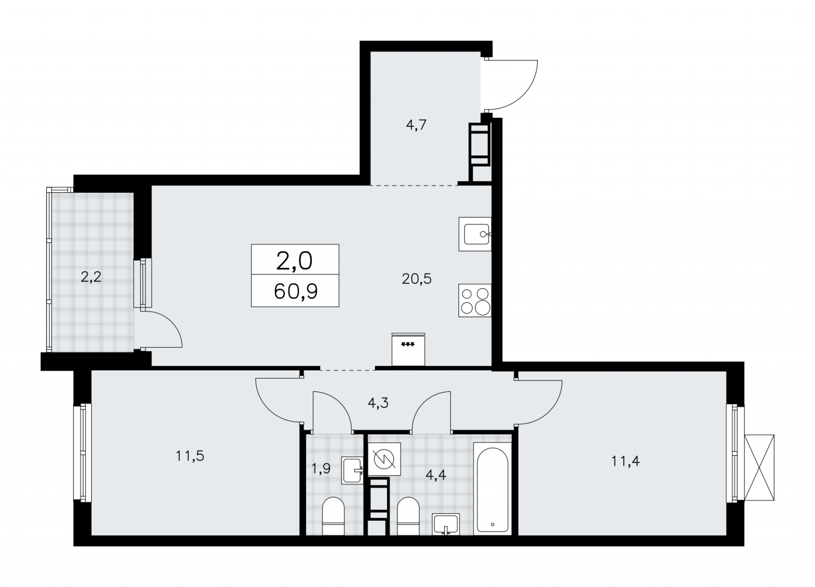 2-комнатная квартира с отделкой в ЖК Тайм Сквер на 2 этаже в 1 секции. Сдача в 4 кв. 2024 г.