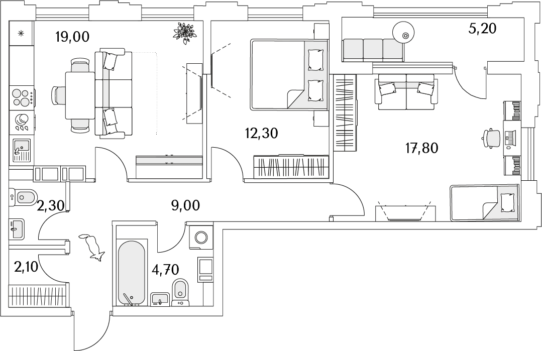 2-комнатная квартира с отделкой в ЖК Поклонная 9 на 21 этаже в 1 секции. Сдача в 2 кв. 2023 г.