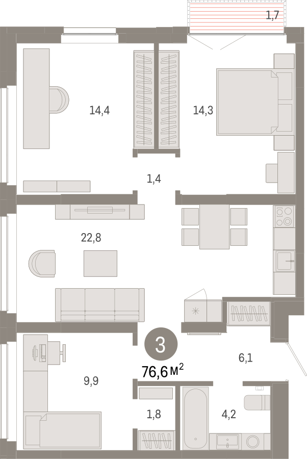 3-комнатная квартира в ЖК е.волюция на 4 этаже в 1 секции. Сдача в 3 кв. 2024 г.