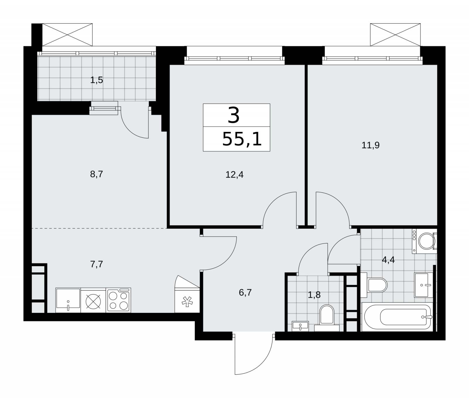 3-комнатная квартира в ЖК Скандинавия на 18 этаже в 1 секции. Сдача в 1 кв. 2026 г.