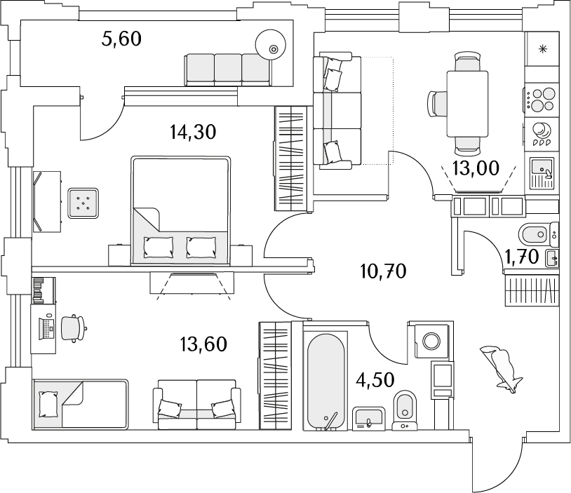 2-комнатная квартира с отделкой в е.квартал «Мир внутри» на 6 этаже в 1 секции. Сдача в 4 кв. 2024 г.