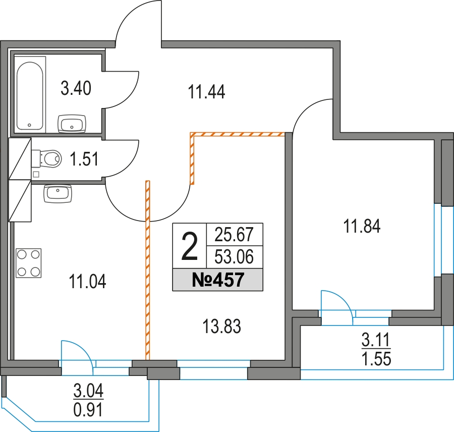 1-комнатная квартира с отделкой в ЖК ЛесART на 11 этаже в 1 секции. Сдача в 2 кв. 2024 г.