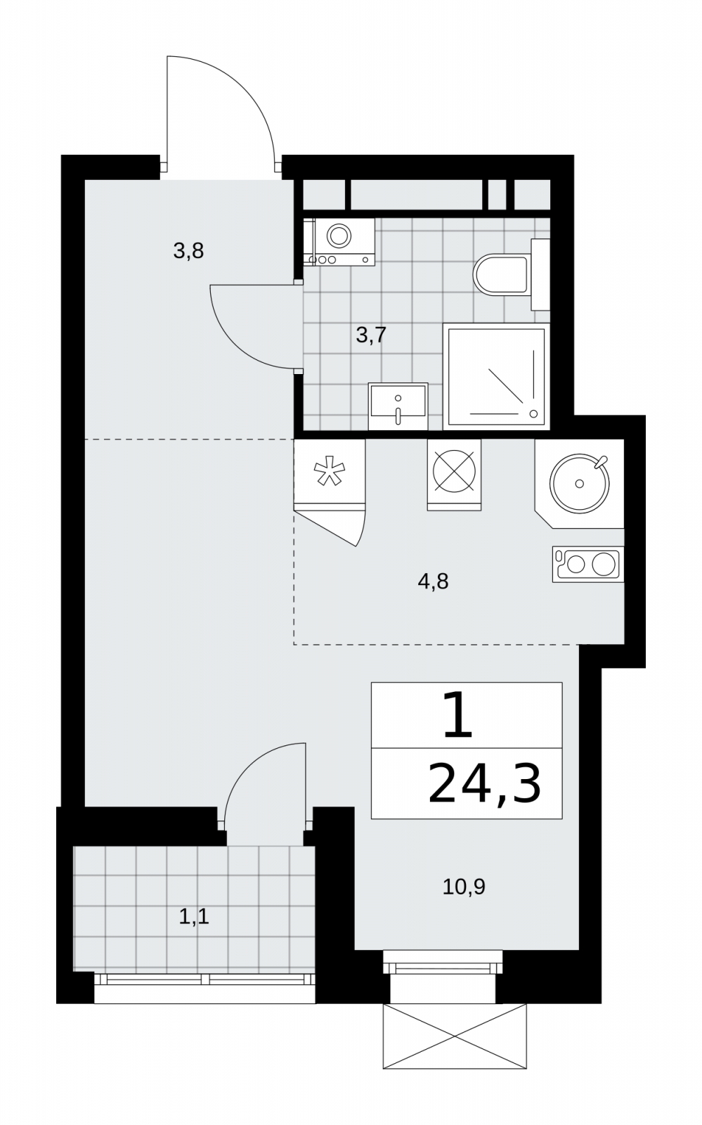 1-комнатная квартира (Студия) в ЖК Скандинавия на 6 этаже в 1 секции. Сдача в 1 кв. 2026 г.