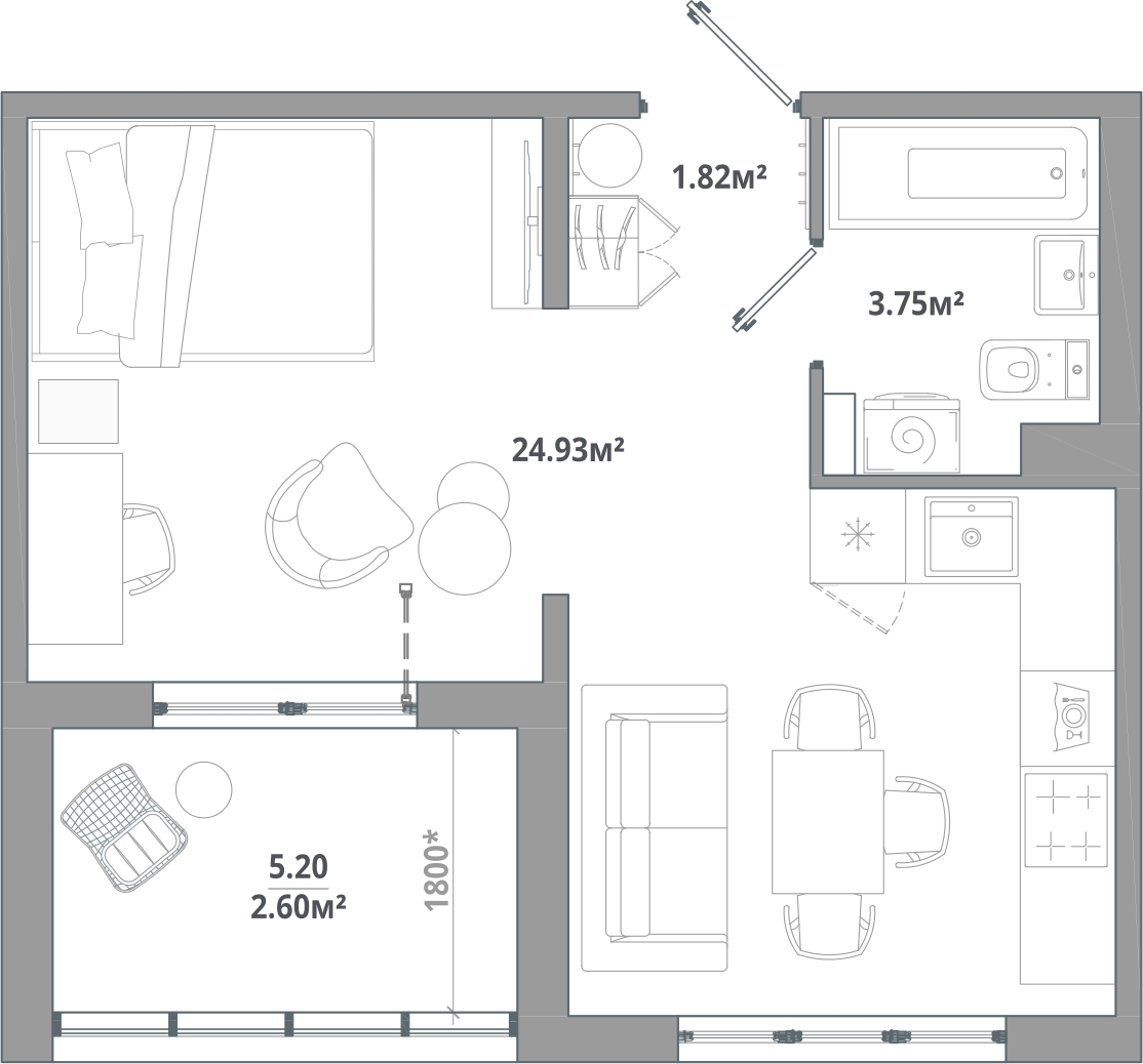 1-комнатная квартира (Студия) в ЖК Тайм Сквер на 6 этаже в 1 секции. Сдача в 2 кв. 2024 г.