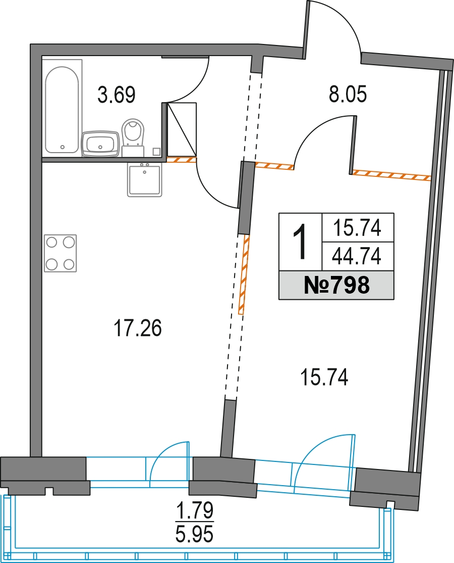 1-комнатная квартира (Студия) в ЖК Тайм Сквер на 7 этаже в 1 секции. Сдача в 2 кв. 2024 г.