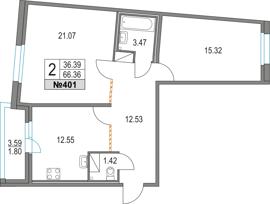 2-комнатная квартира в ЖК Тайм Сквер на 8 этаже в 1 секции. Сдача в 2 кв. 2024 г.