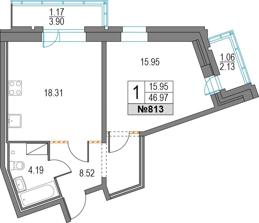 1-комнатная квартира (Студия) в ЖК Тайм Сквер на 8 этаже в 1 секции. Сдача в 2 кв. 2024 г.