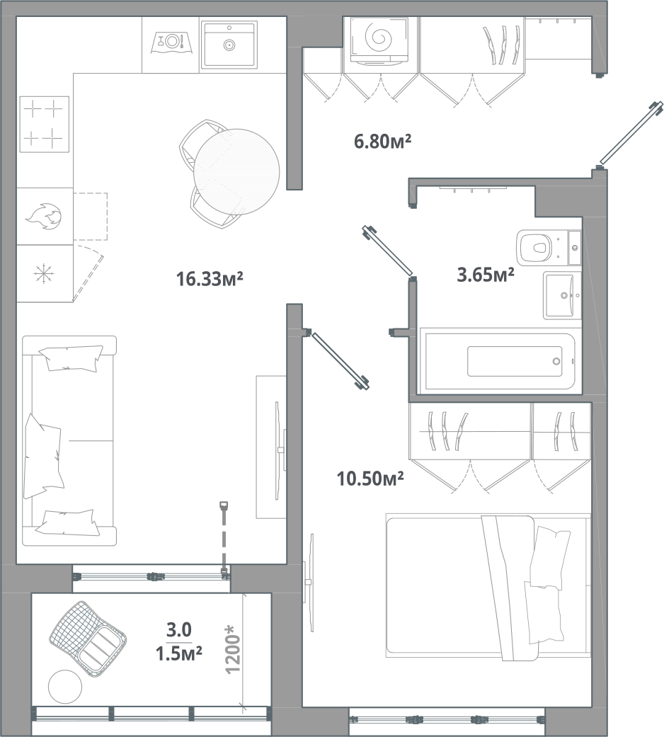 2-комнатная квартира в ЖК Upside Towers на 22 этаже в 1 секции. Сдача в 2 кв. 2026 г.