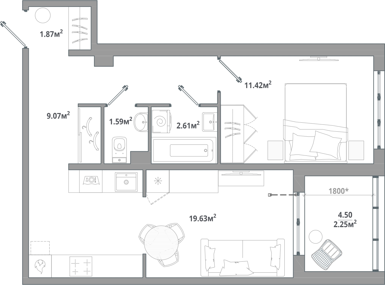 2-комнатная квартира с отделкой в ЖК Тайм Сквер на 10 этаже в 1 секции. Сдача в 2 кв. 2024 г.