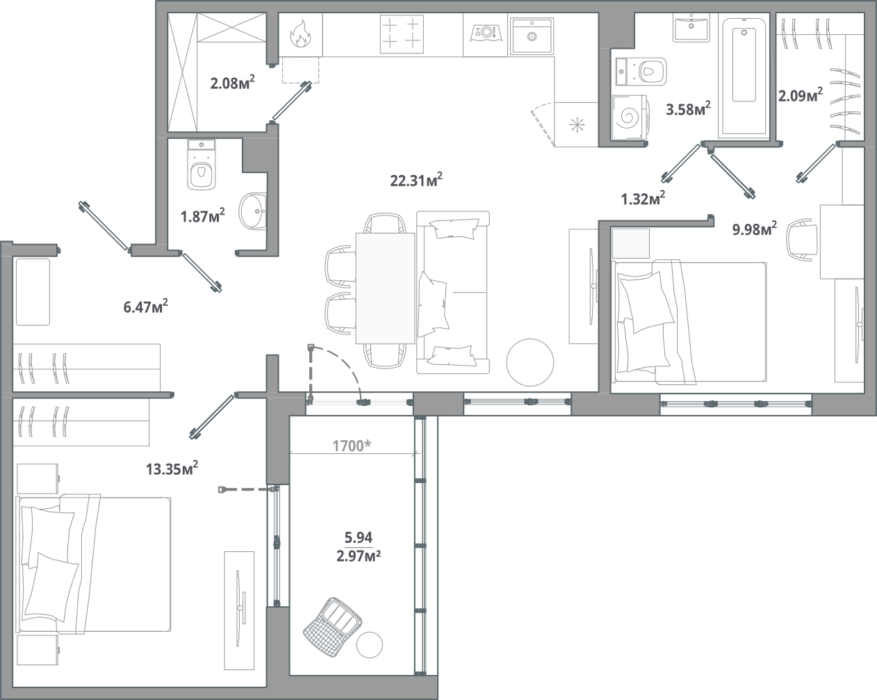 1-комнатная квартира с отделкой в ЖК Тайм Сквер на 11 этаже в 1 секции. Сдача в 2 кв. 2024 г.