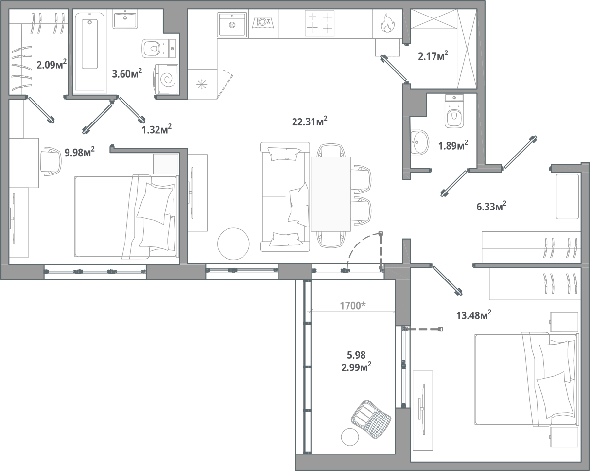 1-комнатная квартира с отделкой в ЖК Тайм Сквер на 12 этаже в 1 секции. Сдача в 2 кв. 2024 г.