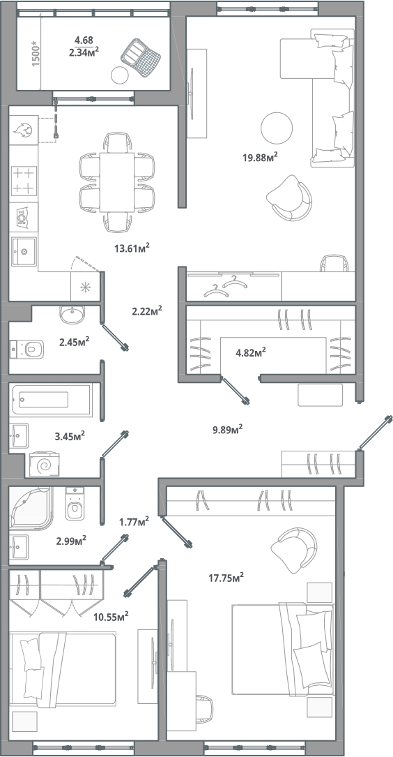 2-комнатная квартира в ЖК Upside Towers на 6 этаже в 1 секции. Сдача в 2 кв. 2026 г.