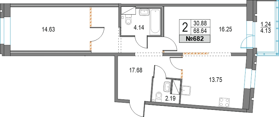 2-комнатная квартира с отделкой в ЖК Республики 205 на 16 этаже в 1 секции. Сдача в 4 кв. 2025 г.
