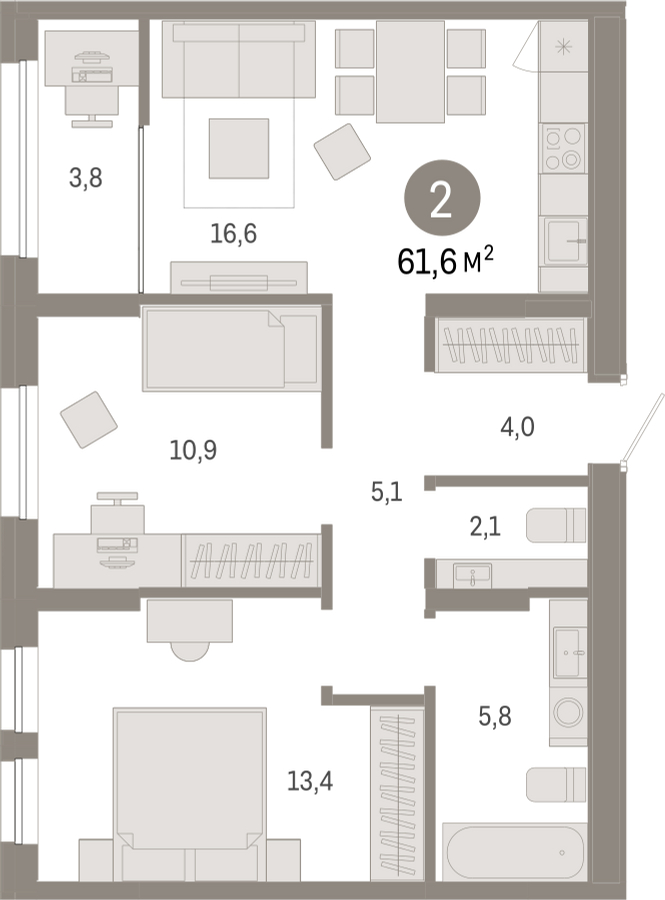 2-комнатная квартира в ЖК е.волюция на 9 этаже в 1 секции. Сдача в 3 кв. 2024 г.