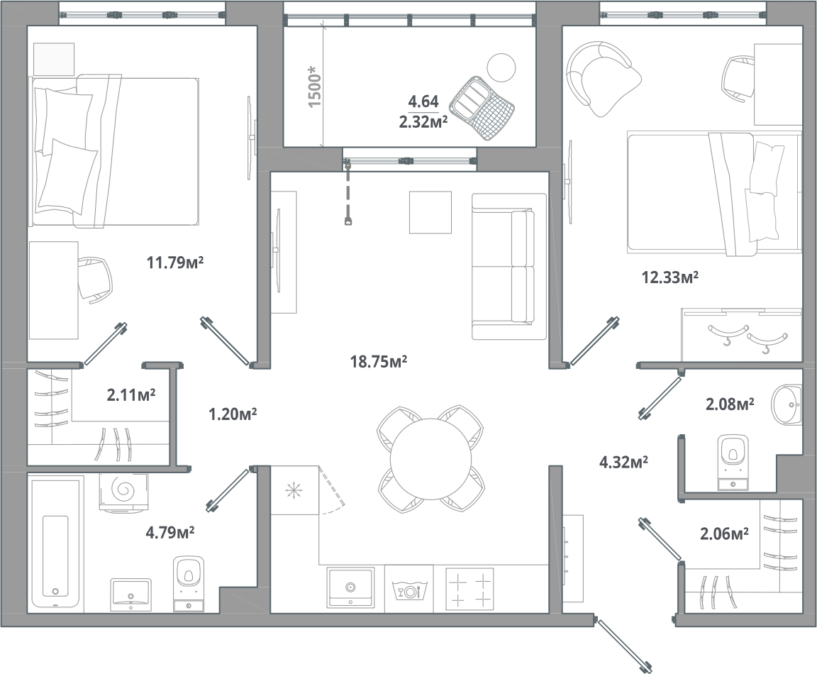 2-комнатная квартира в ЖК е.волюция на 7 этаже в 1 секции. Сдача в 3 кв. 2024 г.