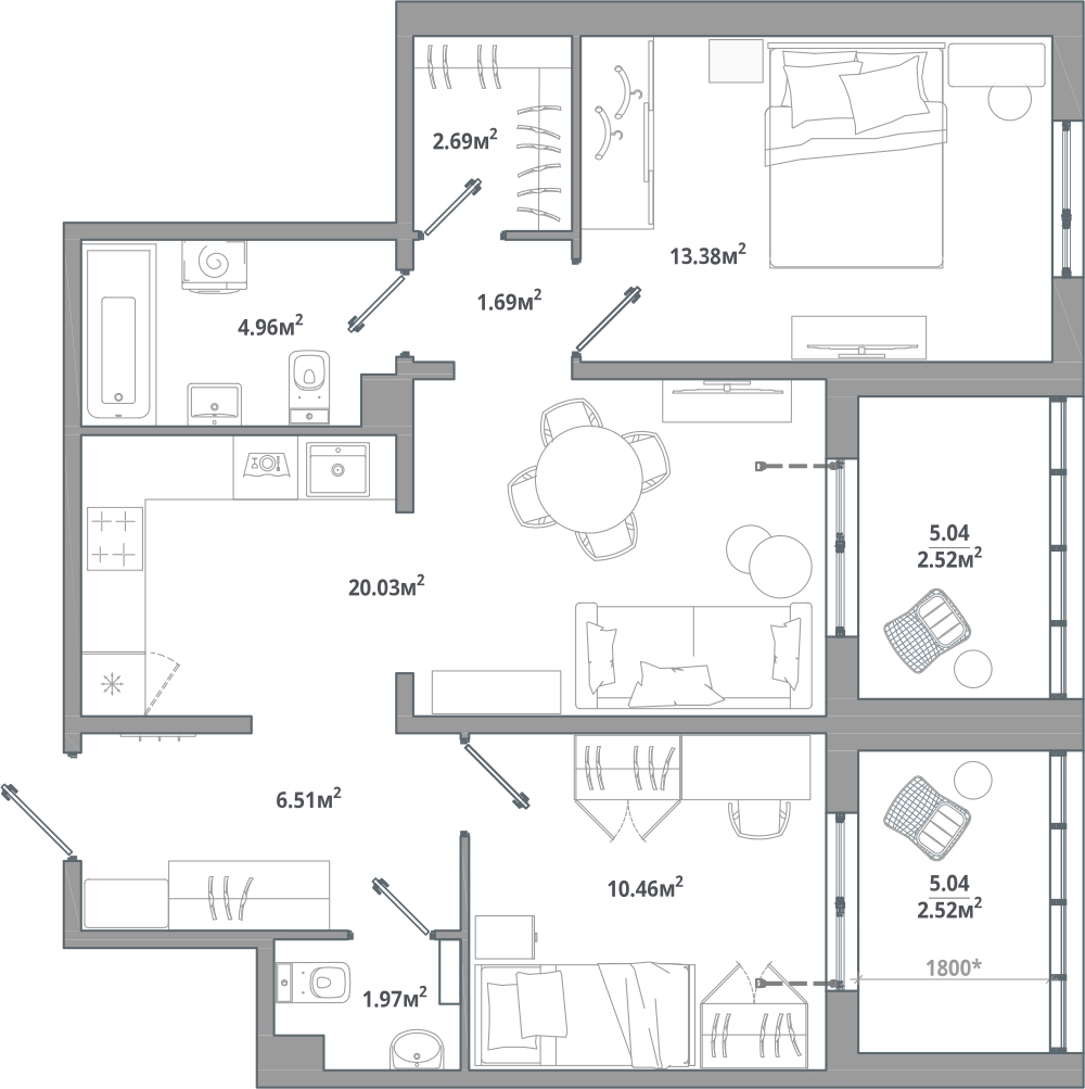 2-комнатная квартира в ЖК е.волюция на 3 этаже в 1 секции. Сдача в 3 кв. 2024 г.