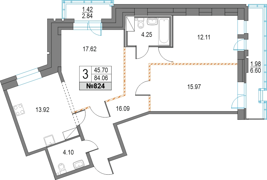 2-комнатная квартира в ЖК Upside Towers на 11 этаже в 1 секции. Сдача в 2 кв. 2026 г.
