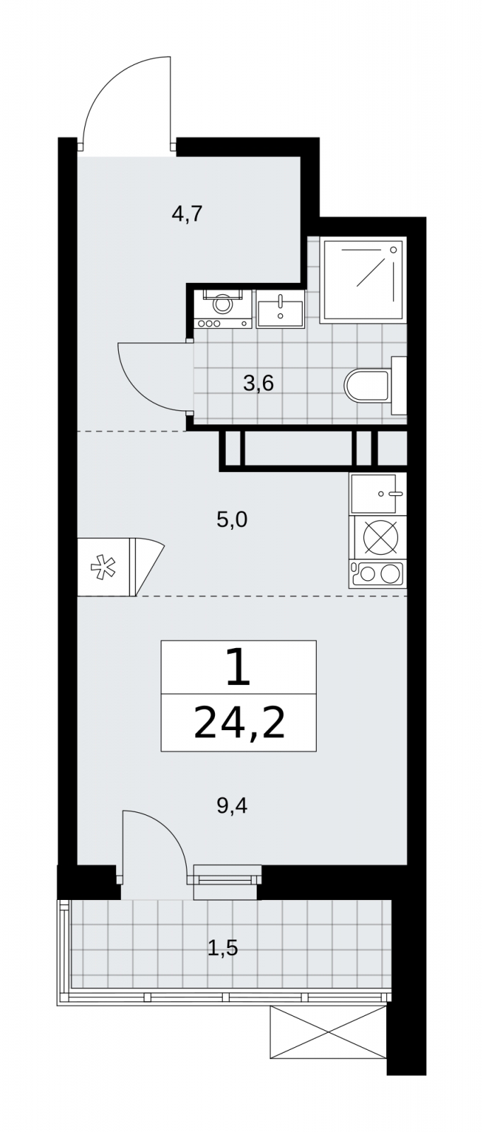 1-комнатная квартира (Студия) в ЖК Скандинавия на 9 этаже в 1 секции. Сдача в 1 кв. 2026 г.