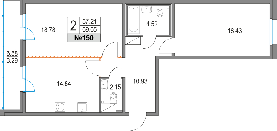 1-комнатная квартира (Студия) в ЖК Upside Towers на 17 этаже в 1 секции. Сдача в 2 кв. 2026 г.