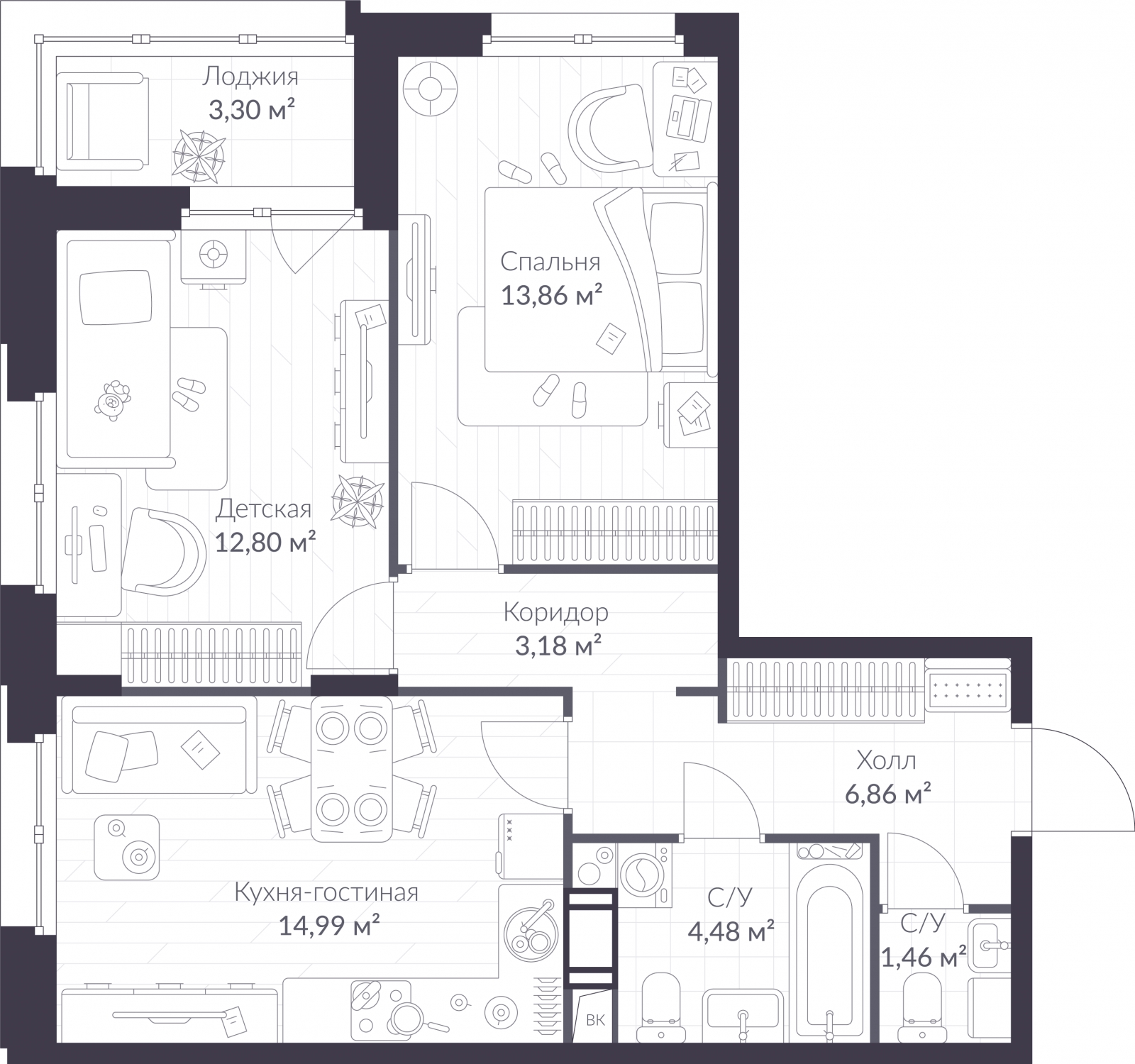 2-комнатная квартира в ЖК Savin Family на 3 этаже в 2 секции. Сдача в 4 кв. 2024 г.