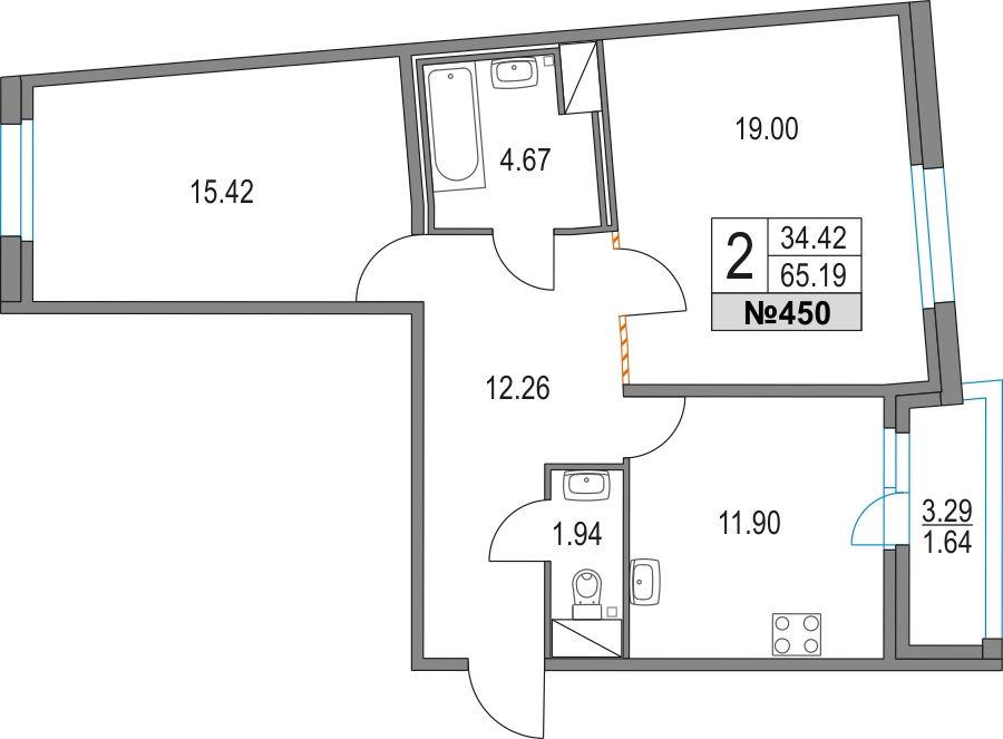 2-комнатная квартира в ЖК Savin Family на 3 этаже в 2 секции. Сдача в 4 кв. 2024 г.