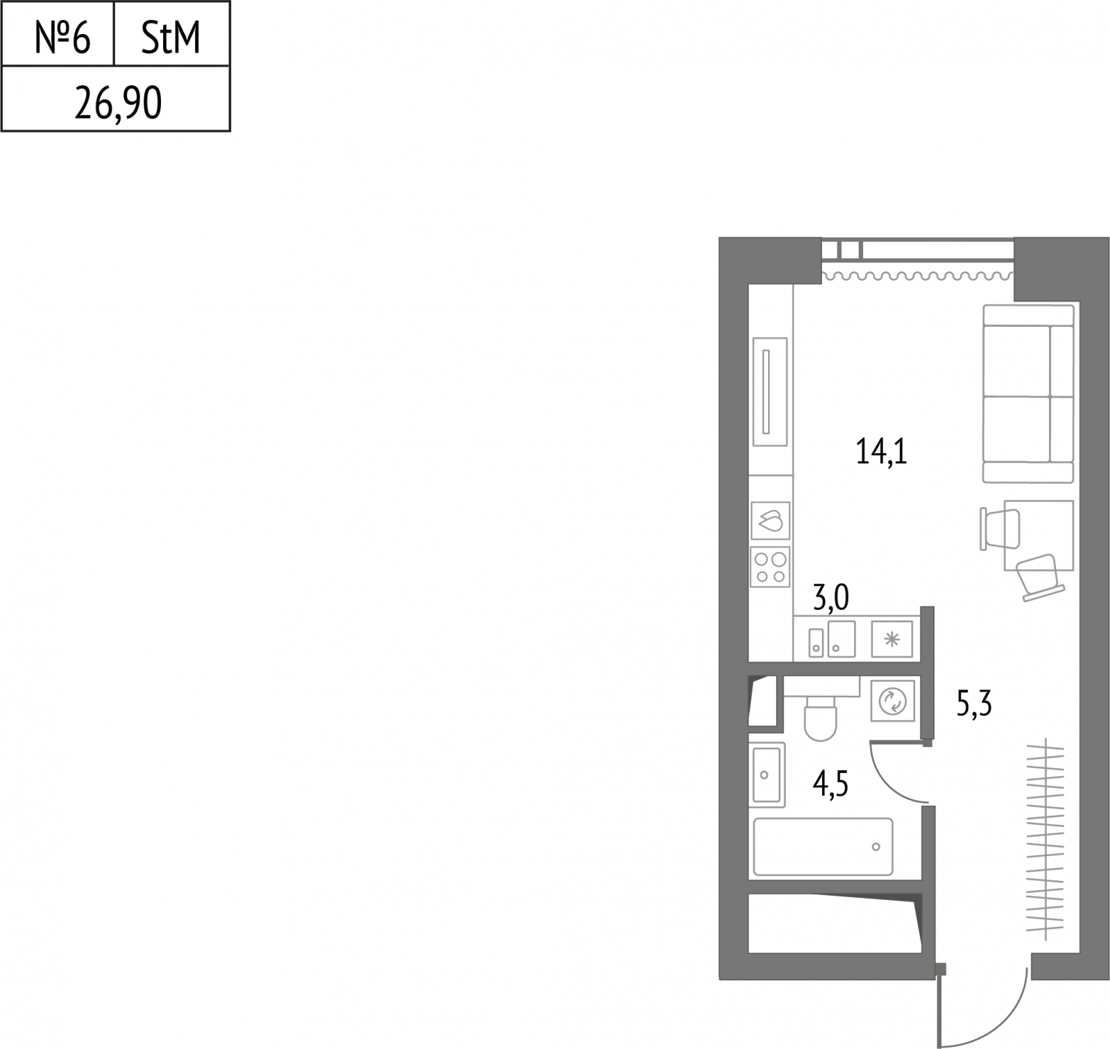 2-комнатная квартира в ЖК Upside Towers на 9 этаже в 1 секции. Сдача в 2 кв. 2026 г.