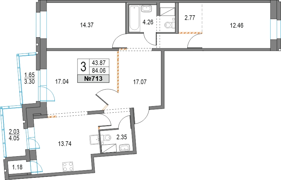 3-комнатная квартира с отделкой в ЖК Преображенский на 7 этаже в 5 секции. Сдача в 3 кв. 2026 г.