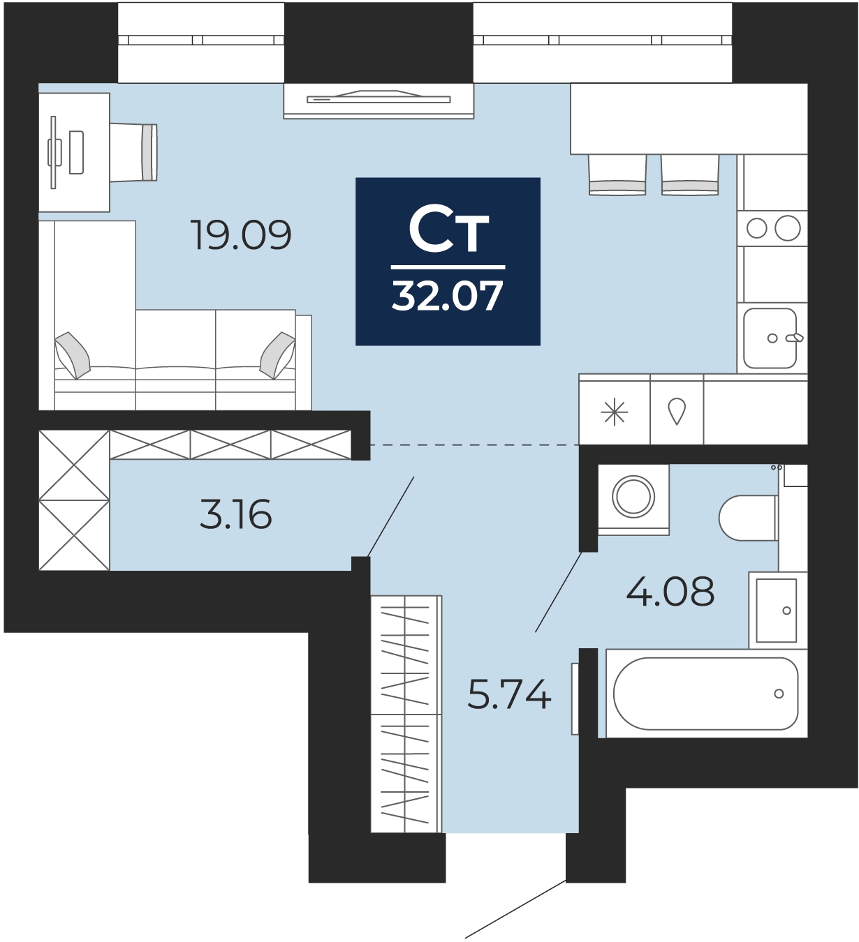 1-комнатная квартира (Студия) в ЖК Тайм Сквер на 13 этаже в 1 секции. Сдача в 4 кв. 2024 г.