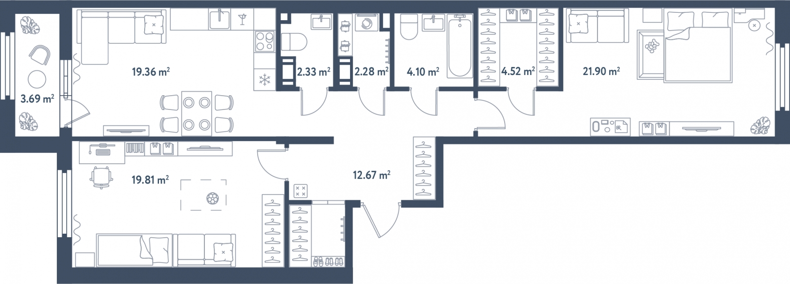 3-комнатная квартира в ЖК AFI Park Воронцовский на 8 этаже в 3 секции. Сдача в 3 кв. 2023 г.