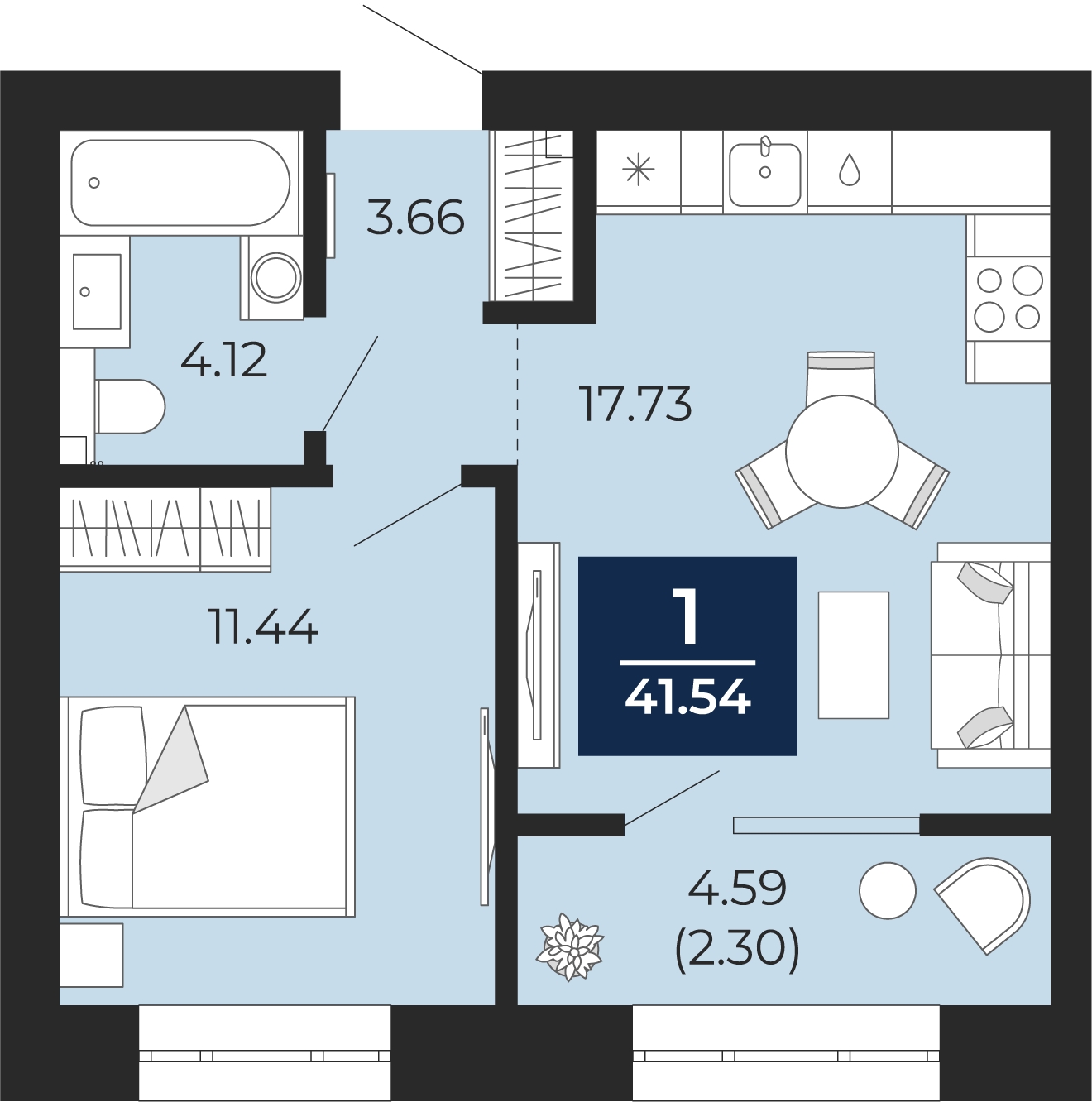 1-комнатная квартира в ЖК Приморский квартал на 12 этаже в 4 секции. Сдача в 2 кв. 2025 г.