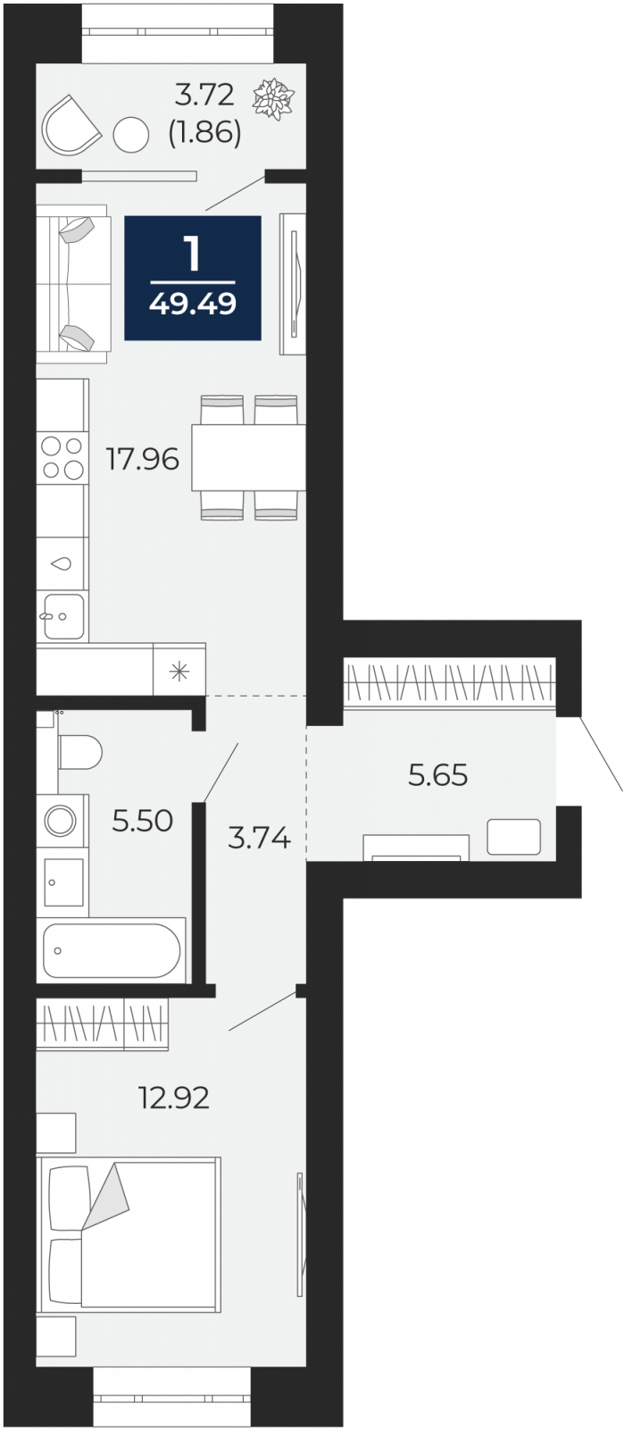 1-комнатная квартира в ЖК Приморский квартал на 2 этаже в 1 секции. Сдача в 2 кв. 2025 г.