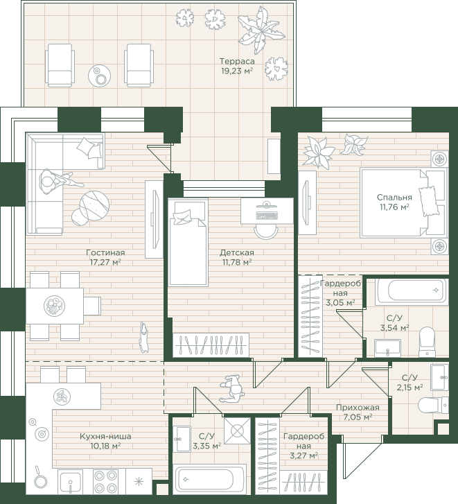 3-комнатная квартира с отделкой в ЖК ЛесART на 3 этаже в 1 секции. Сдача в 2 кв. 2024 г.