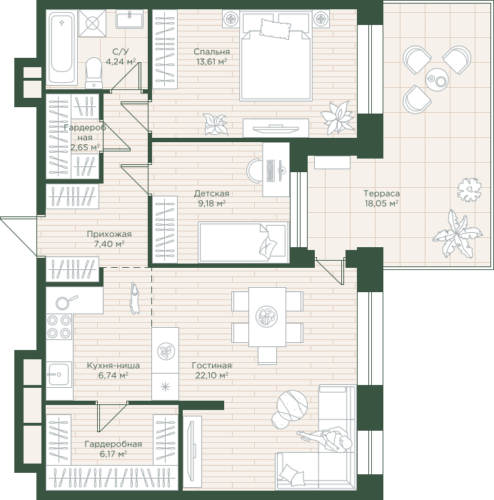 1-комнатная квартира с отделкой в ЖК Тайм Сквер на 13 этаже в 1 секции. Сдача в 4 кв. 2024 г.