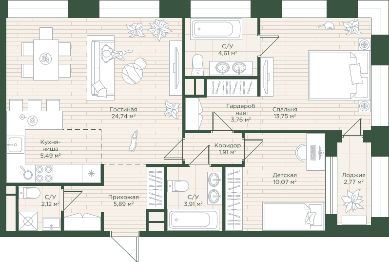 1-комнатная квартира (Студия) с отделкой в ЖК Тайм Сквер на 7 этаже в 1 секции. Сдача в 4 кв. 2024 г.