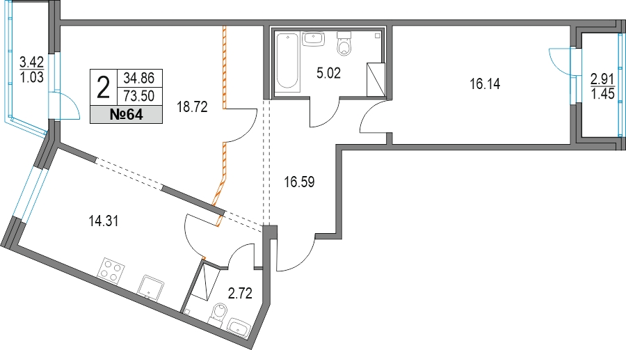 1-комнатная квартира (Студия) в ЖК Upside Towers на 30 этаже в 1 секции. Сдача в 2 кв. 2026 г.