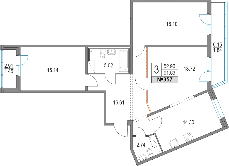 1-комнатная квартира в ЖК Приморский квартал на 13 этаже в 4 секции. Сдача в 2 кв. 2025 г.