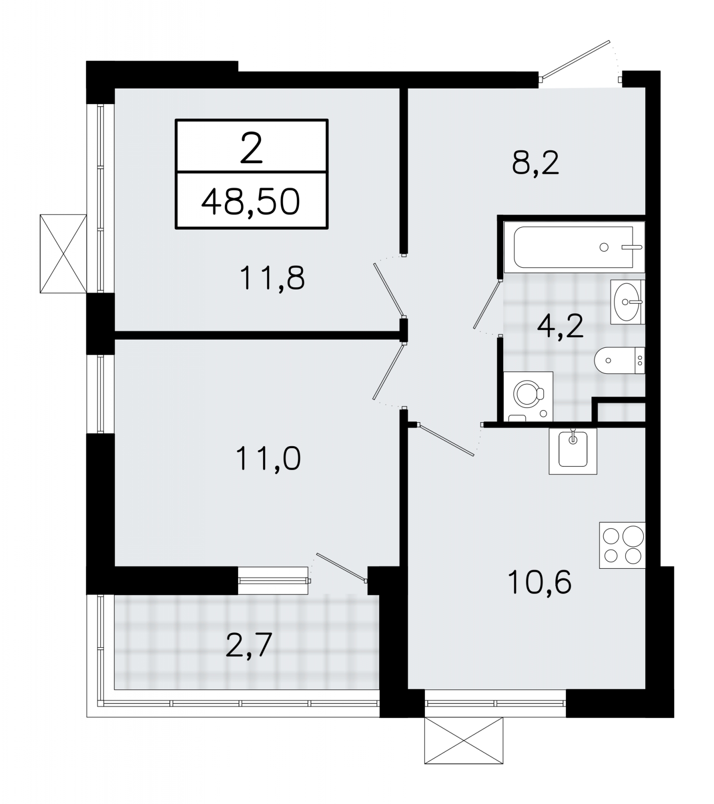 2-комнатная квартира в ЖК Upside Towers на 13 этаже в 1 секции. Сдача в 2 кв. 2026 г.