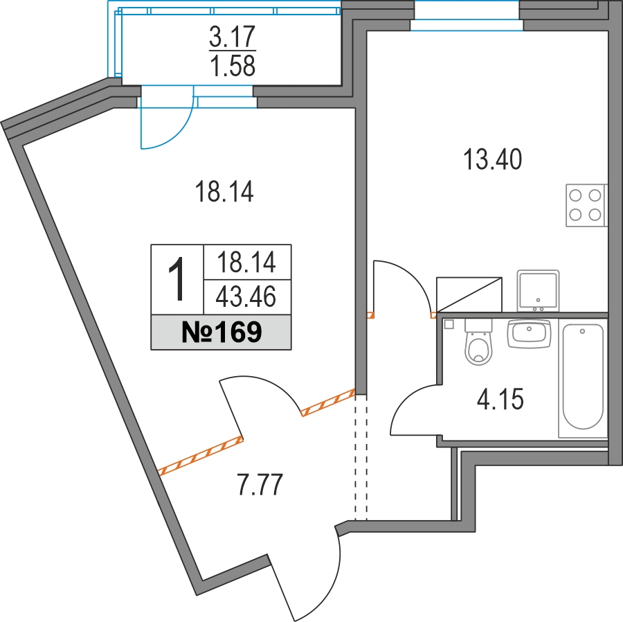 1-комнатная квартира в ЖК Приморский квартал на 11 этаже в 6 секции. Сдача в 2 кв. 2025 г.