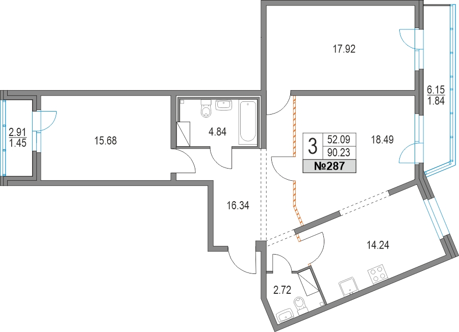 1-комнатная квартира (Студия) в ЖК Upside Towers на 14 этаже в 1 секции. Сдача в 2 кв. 2026 г.