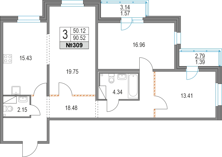 3-комнатная квартира с отделкой в ЖК ЛесART на 4 этаже в 1 секции. Сдача в 2 кв. 2024 г.