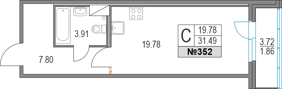 1-комнатная квартира (Студия) в ЖК Upside Towers на 29 этаже в 1 секции. Сдача в 2 кв. 2026 г.