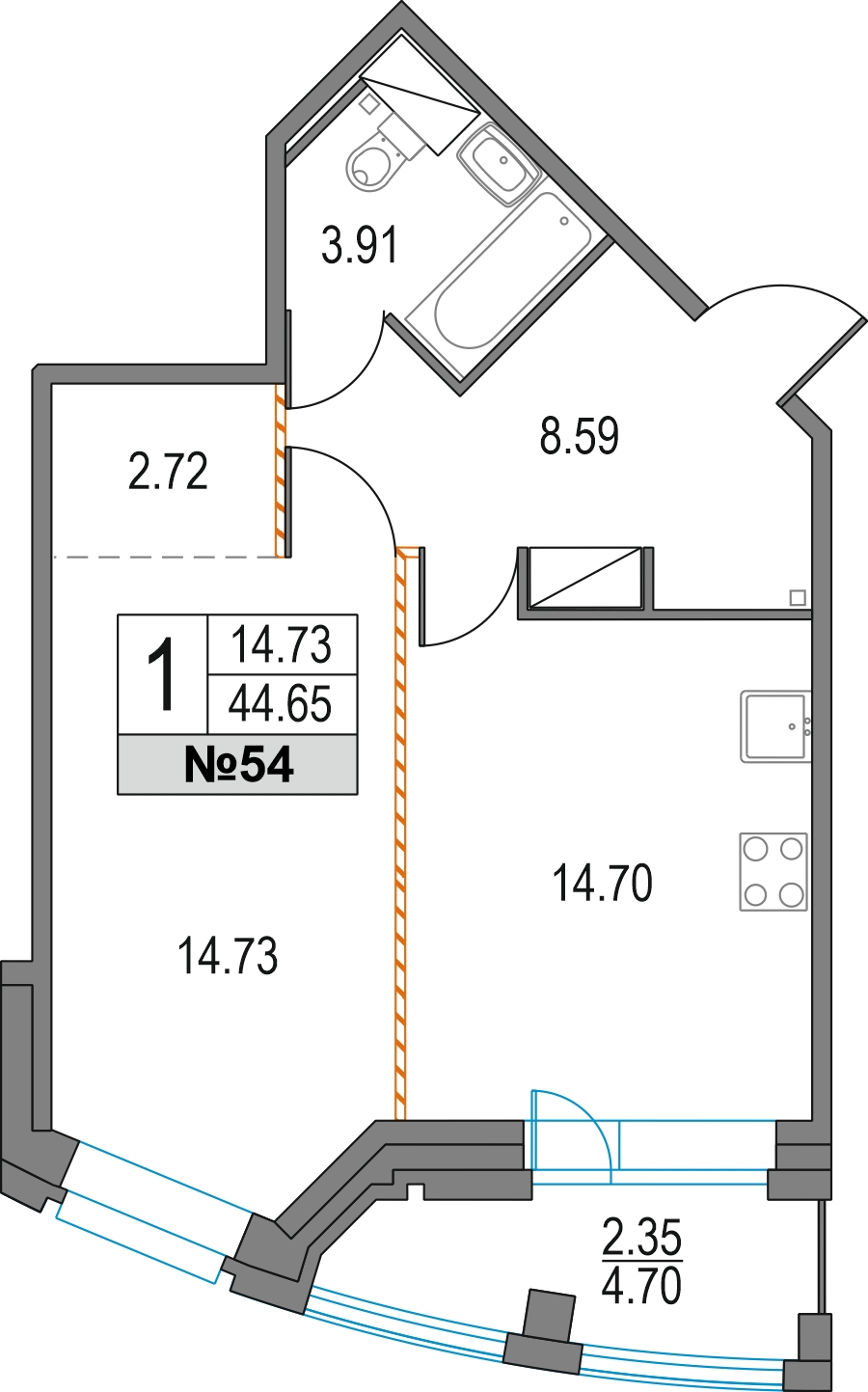 2-комнатная квартира в ЖК е.волюция на 2 этаже в 1 секции. Сдача в 3 кв. 2024 г.