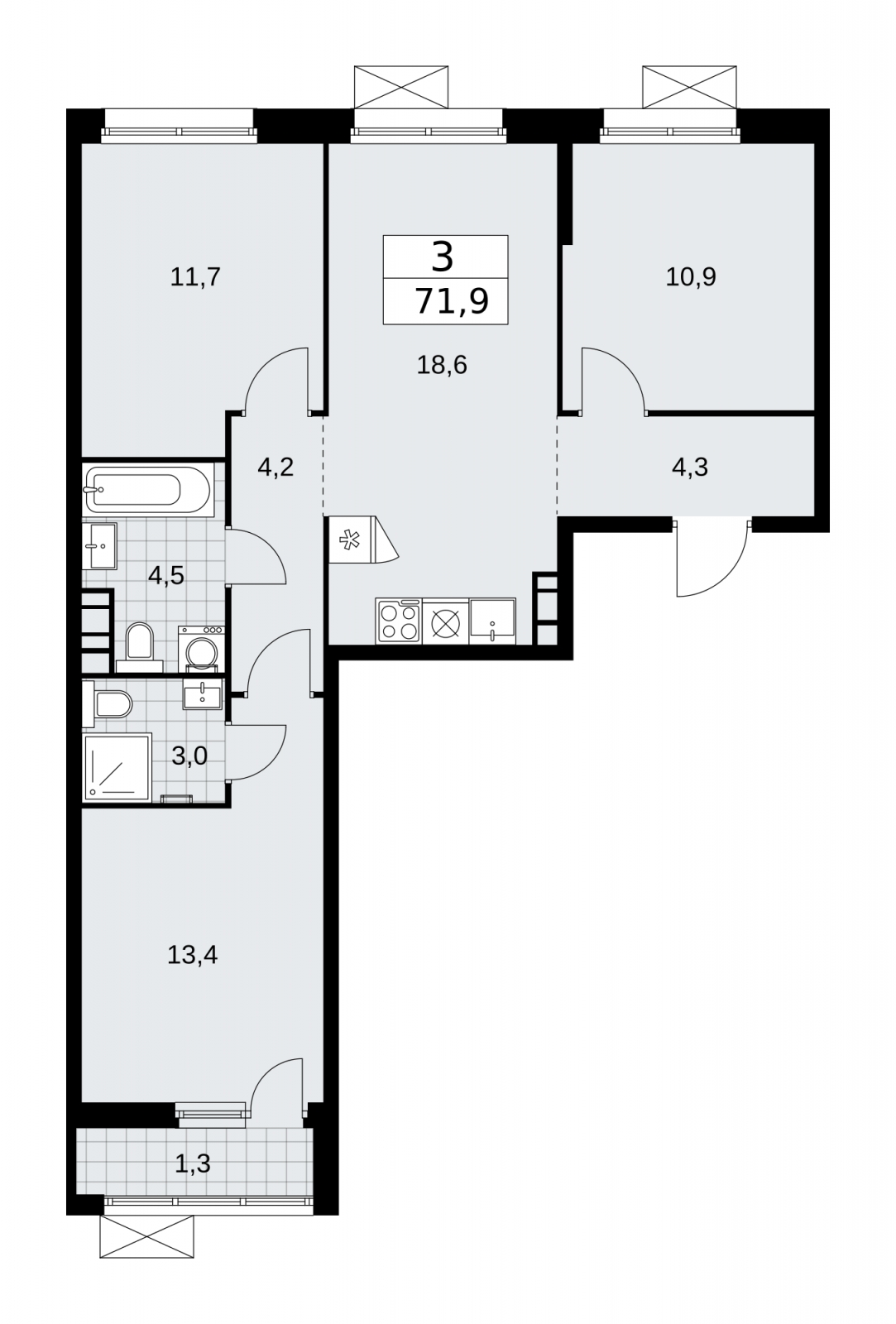 4-комнатная квартира в ЖК Скандинавия на 7 этаже в 1 секции. Сдача в 1 кв. 2026 г.