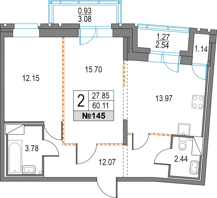 1-комнатная квартира в ЖК Upside Towers на 43 этаже в 1 секции. Сдача в 2 кв. 2026 г.