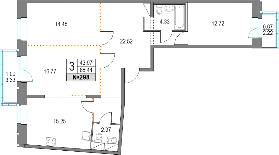 1-комнатная квартира в ЖК Upside Towers на 23 этаже в 1 секции. Сдача в 2 кв. 2026 г.