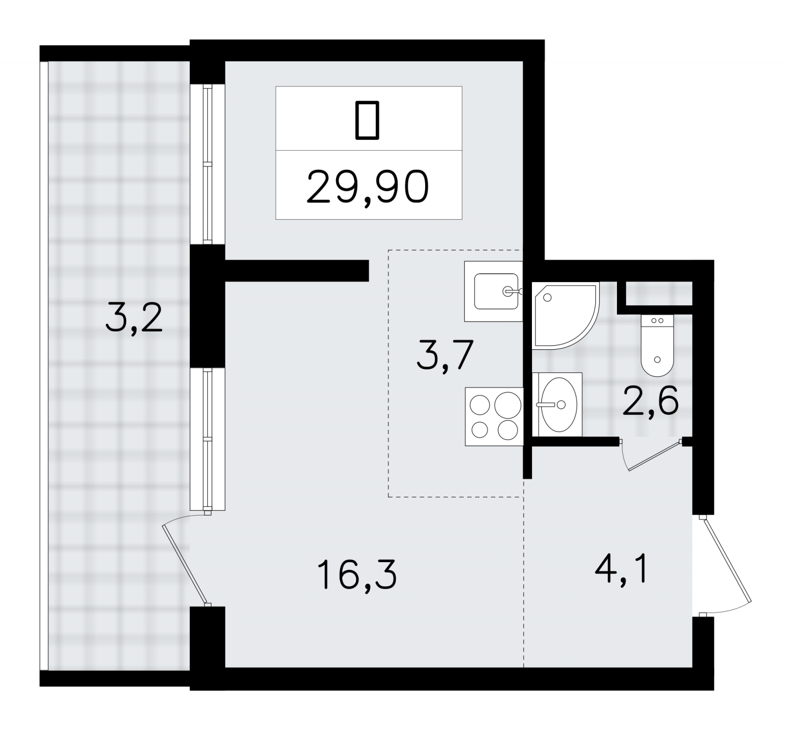 1-комнатная квартира в ЖК Upside Towers на 31 этаже в 1 секции. Сдача в 2 кв. 2026 г.