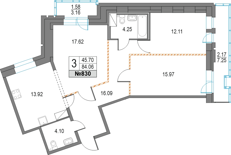 1-комнатная квартира (Студия) в ЖК Приморский квартал на 2 этаже в 5 секции. Сдача в 2 кв. 2025 г.