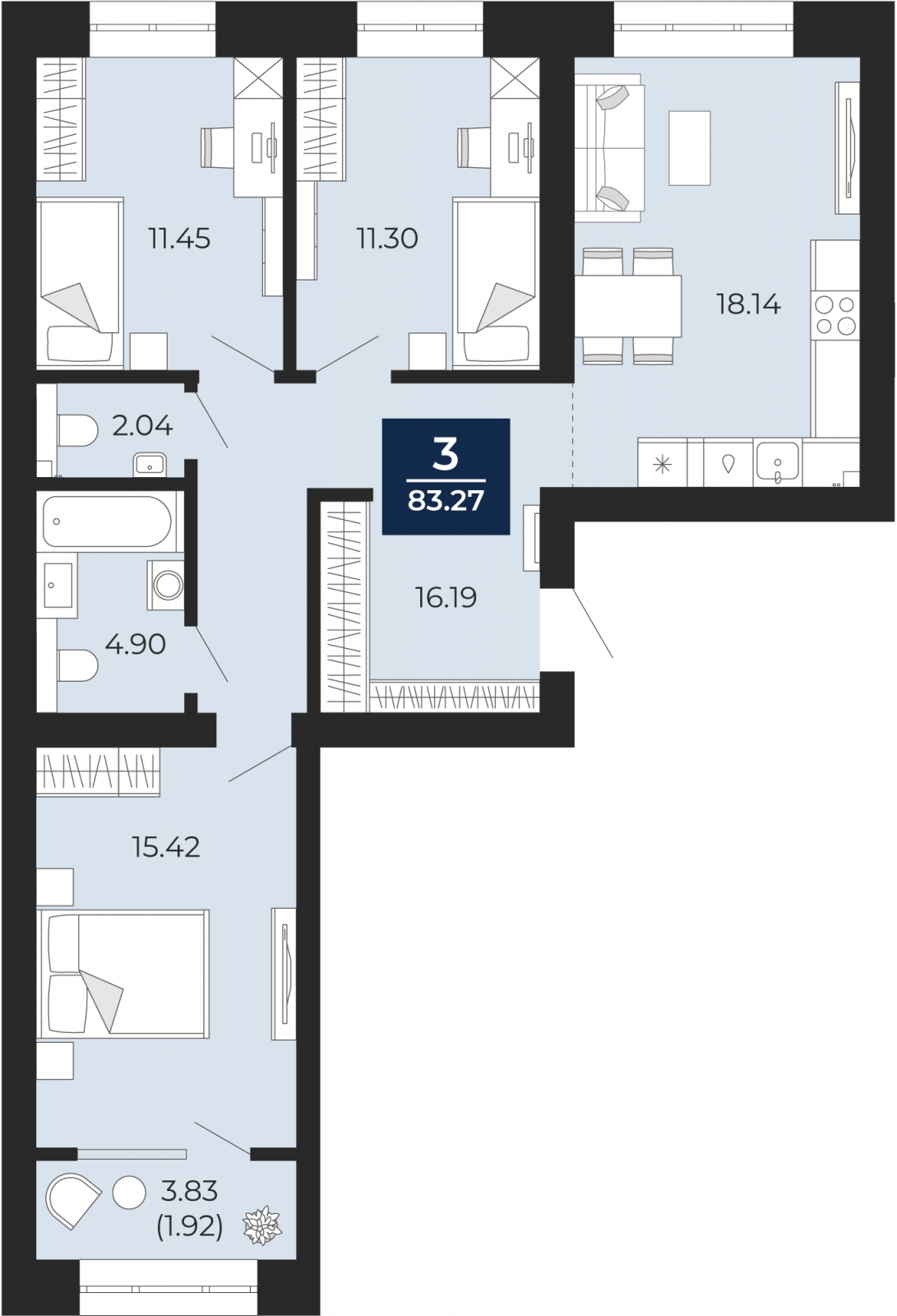 3-комнатная квартира с отделкой в ЖК Преображенский на 10 этаже в 3 секции. Сдача в 3 кв. 2026 г.