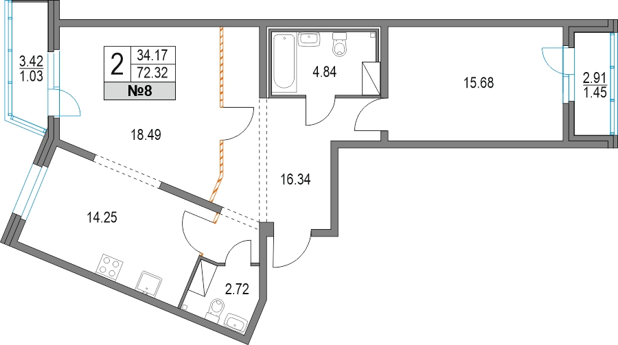 1-комнатная квартира (Студия) с отделкой в ЖК ЛесART на 2 этаже в 1 секции. Сдача в 2 кв. 2024 г.